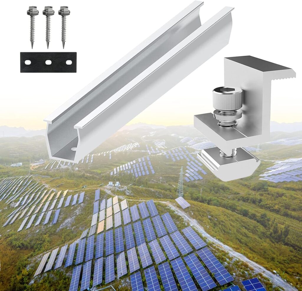 Solar Panel Roof Mounting Rail Aluminium Rooftop Solar Panel Mount Bracket Solar Rail Connector M8 Thread for Metal Roof, Tin Roof, Flat Roof, Sheet Roof (4 x 200mm Rail + 4 x 30mm Clamp)