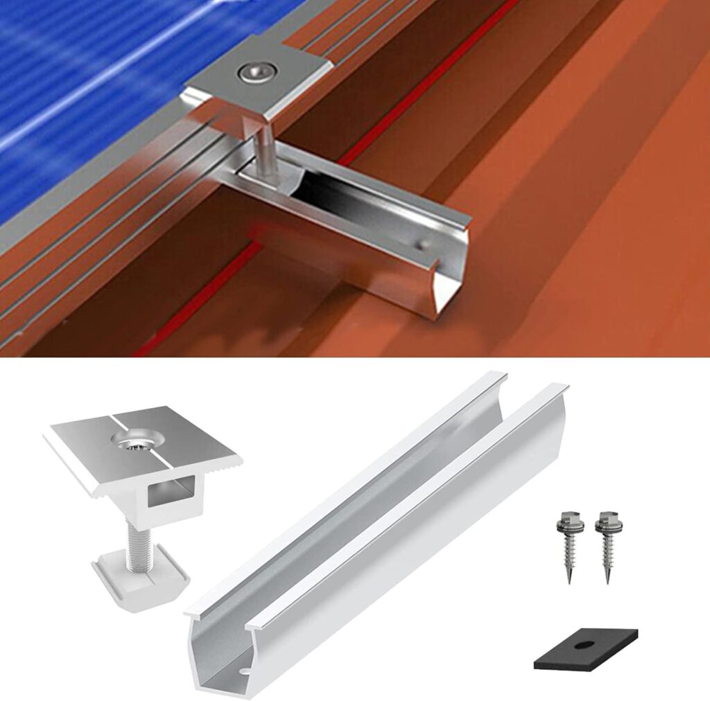 Solar Panel Roof Mounting Rail Aluminium Rooftop Solar Panel Mount Bracket Solar Rail Connector M8 Thread for Metal Roof, Tin Roof, Flat Roof, Sheet Roof (4 x 200mm Rail + 4 x 30mm Clamp)