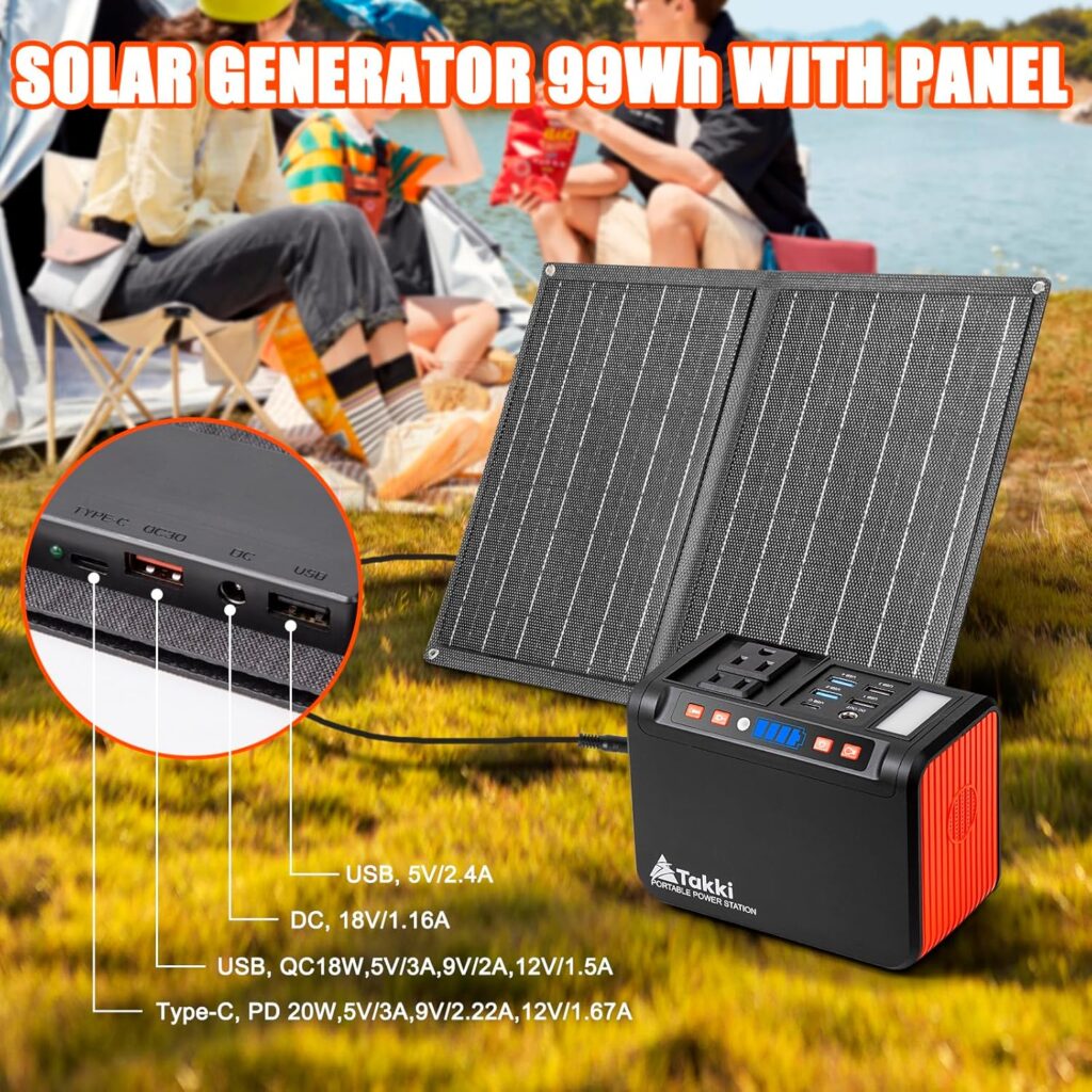 Takki 88Wh Solar Generator Camping Portable Power Station with Solar Panels 21W Included, 120W Peak Solar Charger Power Bank AC DC USB Ports for Camping Emergency Tent Outdoor Trip