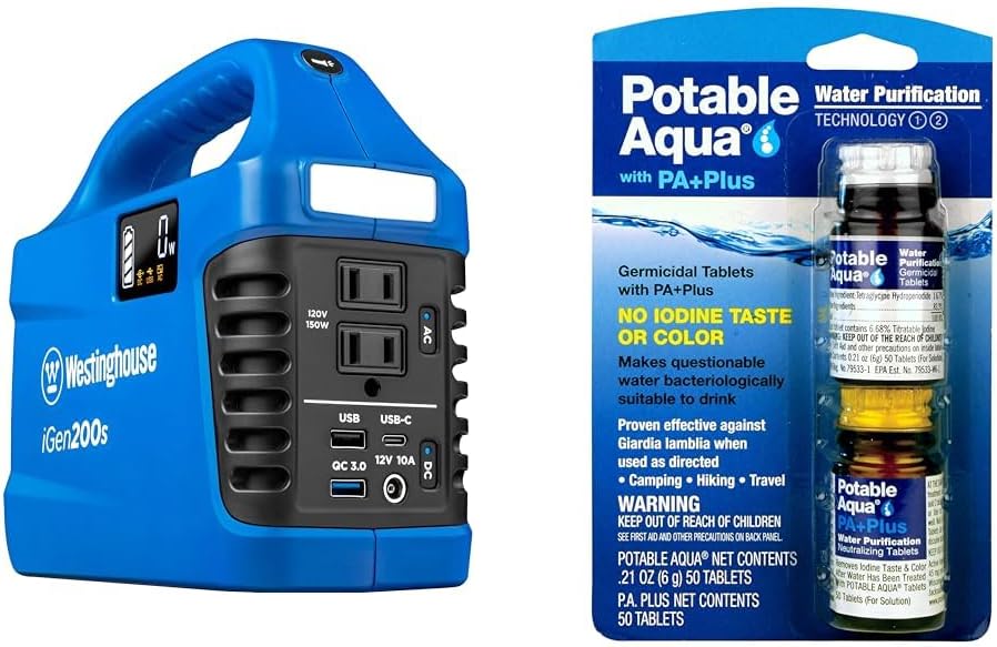 Westinghouse 194Wh 300 Peak Watt Portable Power Station and Solar Generator  Potable Aqua Water Purification Tablets with PA Plus, Portable and Effective Solution for Camping, Hiking, Emergencies