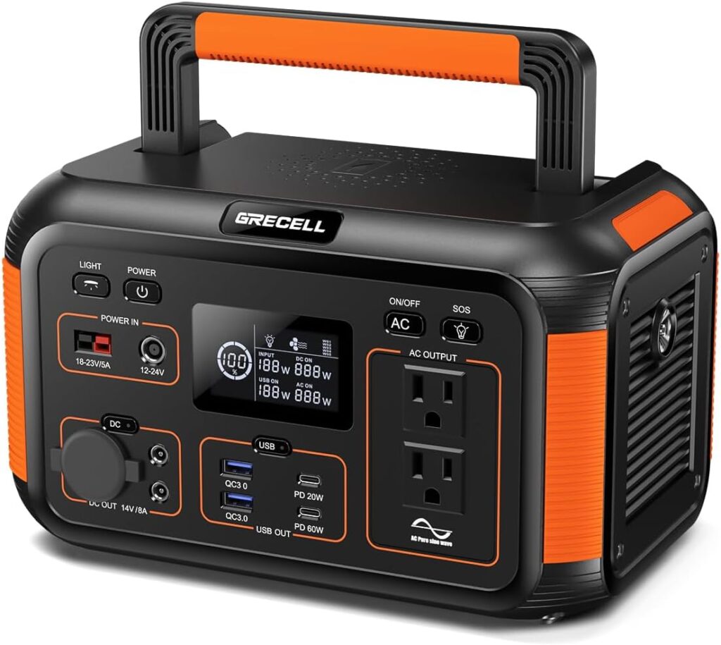 GRECELL Portable Power Station 500W, 444Wh Portable Solar Generator 110V/500W Solar Powered Pure Sine Wave AC Outlet PD 60W for Home Use Camping Outdoors Trip RV Emergency Backup Battery (1000W Peak)