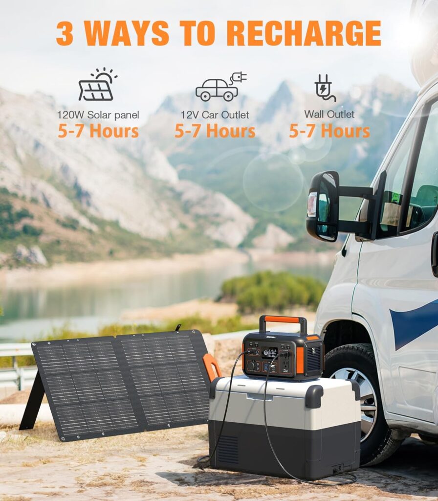 GRECELL Portable Power Station 500W, 444Wh Portable Solar Generator 110V/500W Solar Powered Pure Sine Wave AC Outlet PD 60W for Home Use Camping Outdoors Trip RV Emergency Backup Battery (1000W Peak)