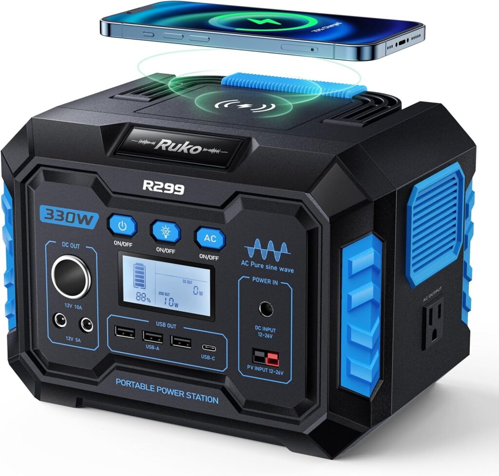 Ruko R299 Portable Power Station 330W, 288.6Wh 9-Port Portable Generator with Flashlight, Wireless Charging, 60W USB-C PD Output, Solar Generator for Outdoor Camping/RVs, Power Supply for Drone, CPAP