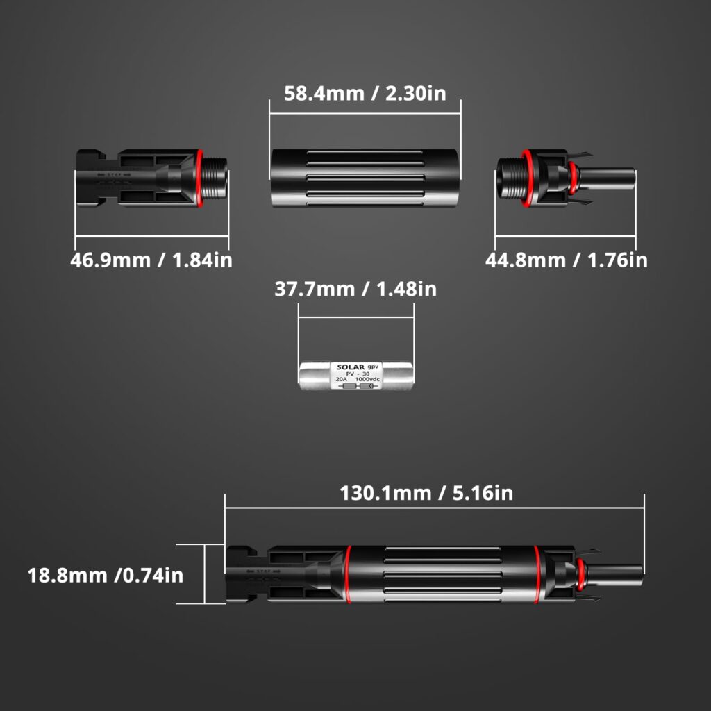 Solar Fuse Holder 1000V 15A PV Inline Fuse Holders Waterproof in-Line Fuse Holder w/Fuse for Solar Panel and Solar Controller