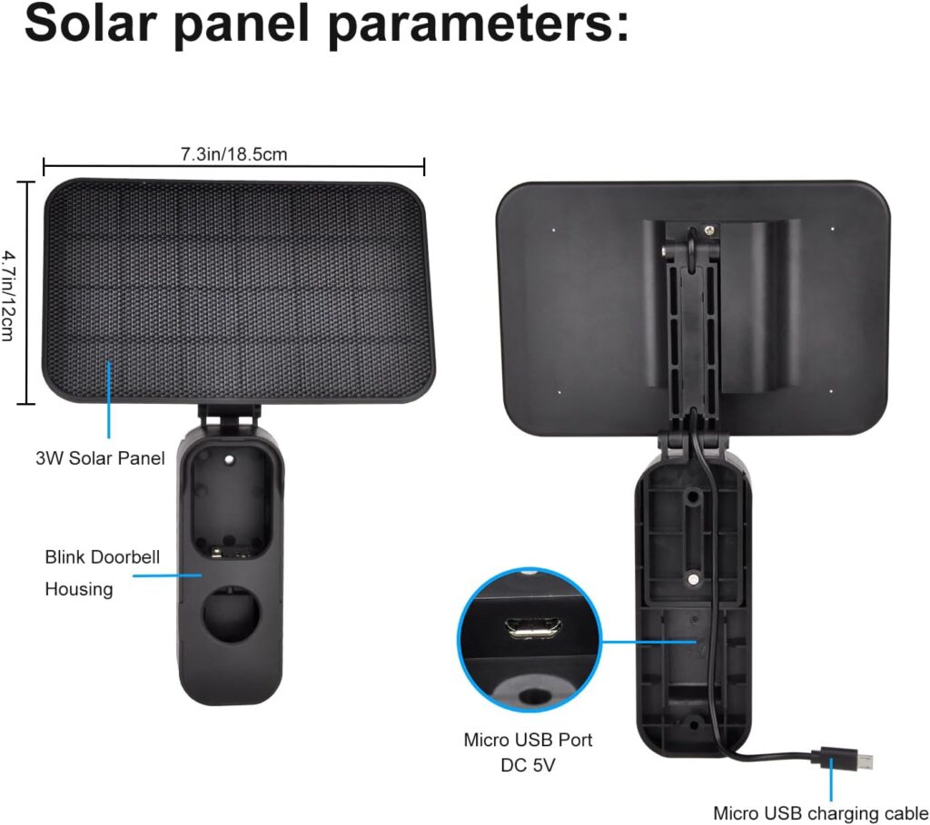 Solar Panel Charger and Mount Compatible with Blink Video Doorbell, with 3m Micro USB Extension Cable and Built-in 5000mAh Rechargeable Battery for Your Blink Video Doorbell