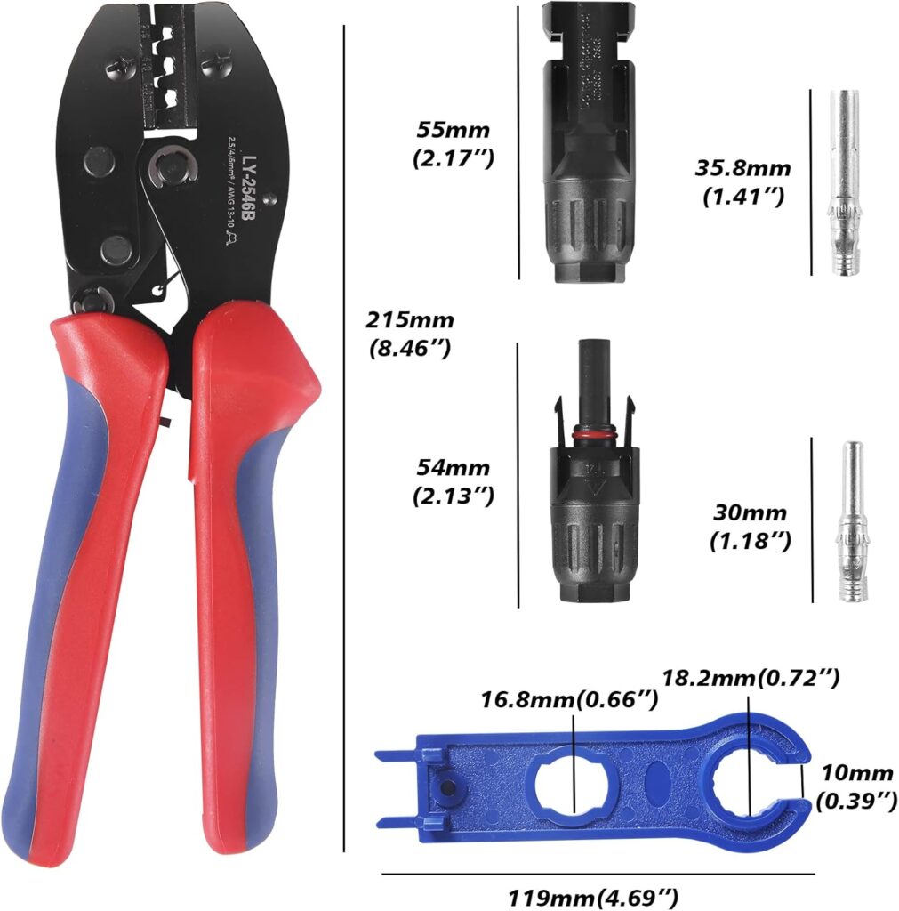 MUYI 47pcs Solar Panel Replacement Tools Kits, 10 Pair Solar Connectors and 2pcs Spanners Wrench with 1-Piece Wire Crimper for 13-10AWG Cable (2.5/4/6mm²)