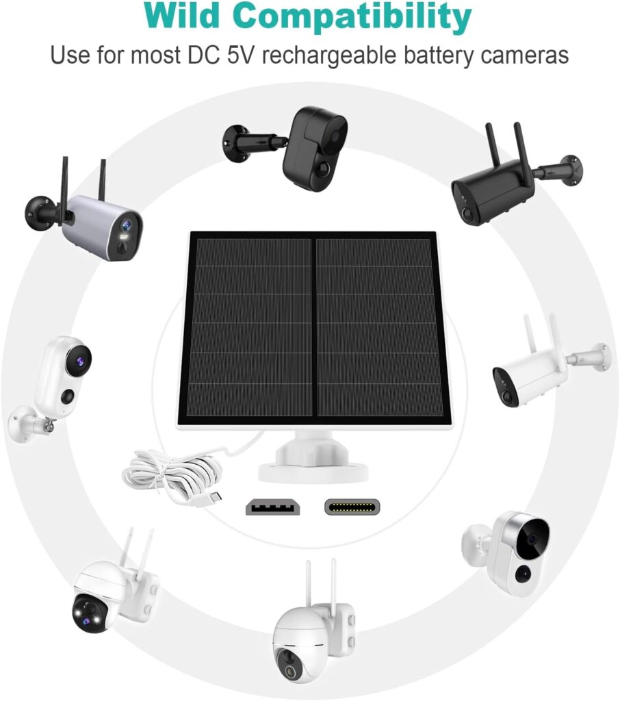 Solar Panel for Security Camera, 5W USB Solar Panel for Micro USB and USB-C Port Outdoor Rechargeable Battery Camera, Solar Panels with 9.8ft Cable, Adjustable Wall Mount, IP65 Waterproof, 2 Pack