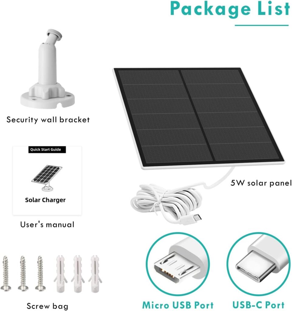 Solar Panel for Security Camera, 5W USB Solar Panel for Micro USB and USB-C Port Outdoor Rechargeable Battery Camera, Solar Panels with 9.8ft Cable, Adjustable Wall Mount, IP65 Waterproof, 2 Pack