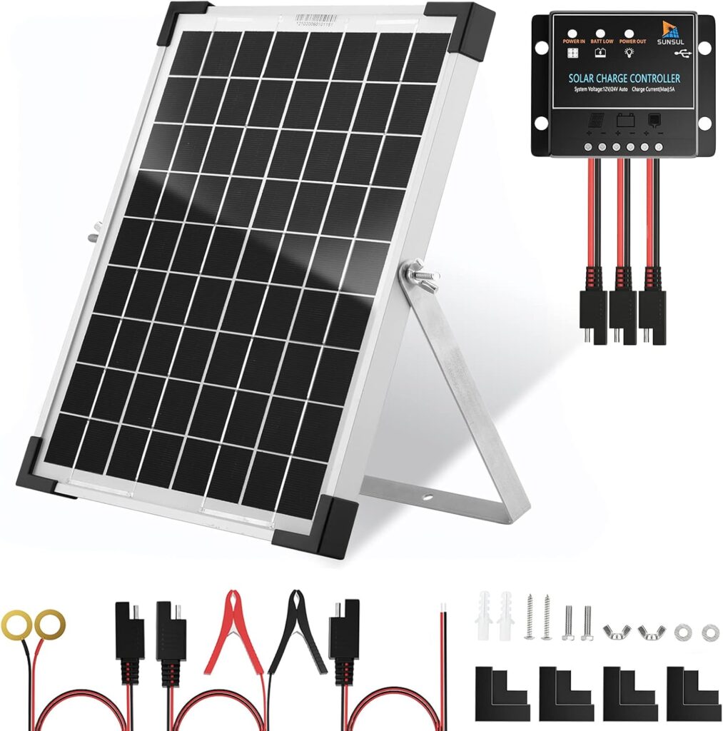 10 Watt 12V Solar Panel Kit Battery Maintainer Trickle Charger, with Waterproof 5A 12V/24V PWM Solar Charge Controller and Adjustable Solar Panels Mount Rack Bracket (10 Watt with Accessories)