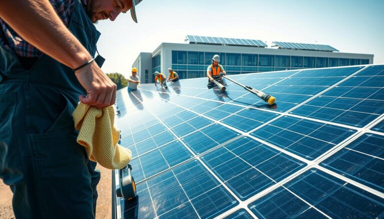 A bright, sun-drenched scene of a professional solar panel cleaning service in action in Jackson, MS. In the foreground, a worker in overalls carefully wiping down a large solar panel with a microfiber cloth, ensuring every inch is spotless. In the middle ground, several more workers use specialized brushes and squeegees to meticulously clean a row of solar panels, their concentrated expressions reflecting the importance of their task. In the background, the sleek, modern facade of a commercial building with solar panels installed on the rooftop is visible, suggesting this is a thriving, eco-conscious business. The lighting is crisp and directional, casting dramatic shadows and highlights that accentuate the textures of the panels and equipment. The overall mood is one of efficient, environmentally-conscious professionalism.