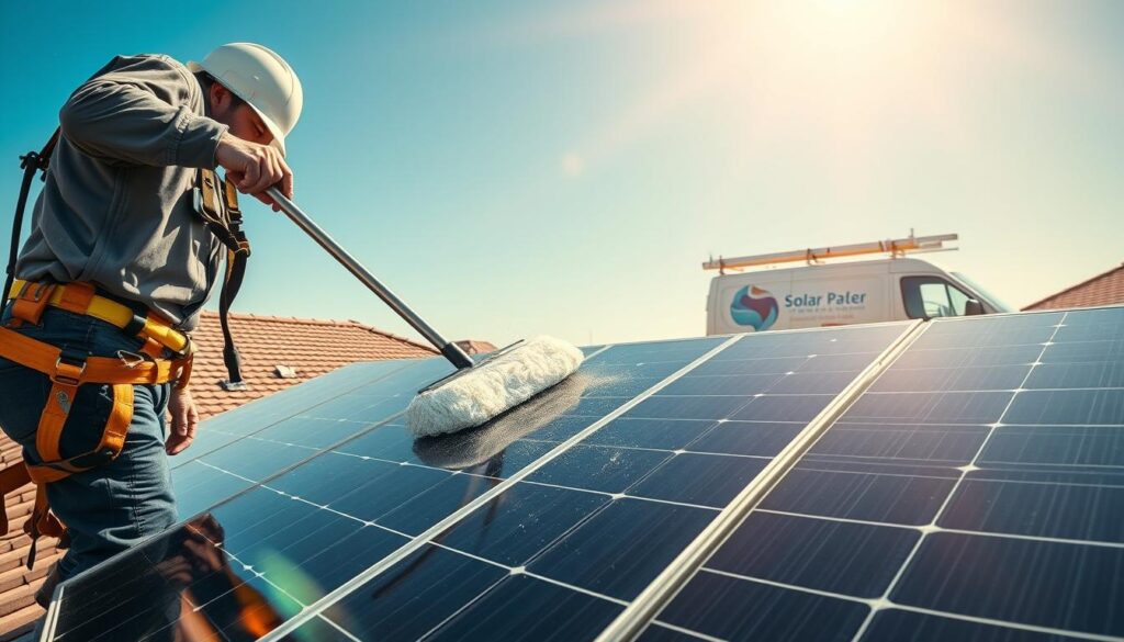 A bright, sun-drenched scene of a professional solar panel cleaning service in action. In the foreground, a technician in a safety harness carefully wipes down the gleaming solar panels with a specialized microfiber mop, removing any accumulated dust and debris. The middle ground reveals the solar array installed on a residential rooftop, its sleek black panels contrasting against the crisp blue sky. In the background, a service van with the company's logo is parked, indicating the systematic and thorough approach to maintaining optimal solar panel efficiency. The overall mood is one of diligence, precision, and a commitment to sustainable energy practices.