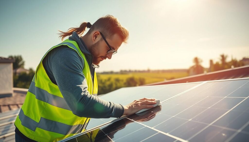 A bright, sunny day illuminates a well-maintained rooftop, where a technician in a safety vest carefully cleans the surface of a solar panel. The panel's sleek, glossy frame reflects the surrounding architecture, while the technician's methodical movements suggest a thorough, professional approach. In the background, a lush, verdant landscape stretches out, hinting at the panel's role in powering a sustainable, eco-friendly home. The scene conveys a sense of diligence and environmental consciousness, capturing the essence of regular solar panel maintenance.
