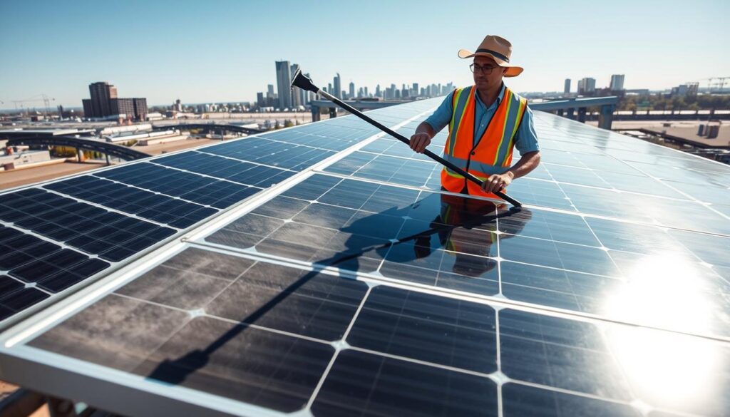 A bright, sunny day in Detroit. In the foreground, a person in a safety vest and hat is carefully cleaning the surface of a solar panel using a long-handled squeegee, removing any accumulated dust and dirt. The panel is mounted on a sturdy metal frame, casting a geometric shadow on the ground below. In the middle ground, a row of other solar panels are visible, their shiny, reflective surfaces gleaming in the light. The background shows the cityscape of Detroit, with skyscrapers and industrial buildings in the distance, under a cloudless, azure sky. The scene conveys the importance of regular solar panel maintenance in Detroit's humid, urban climate to maximize energy efficiency and power output.
