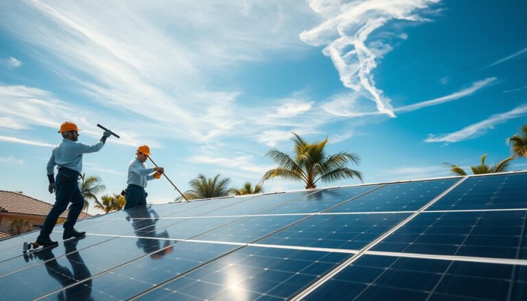 A bright sunny day in Henderson, Nevada. In the foreground, a team of professional solar panel cleaning specialists meticulously wiping down a series of sleek, black solar panels mounted on the rooftop of a modern residential home. Their specialized equipment, including squeegees and microfiber cloths, reflect the sunlight as they efficiently clean the panels. In the middle ground, lush green palm trees sway gently in the breeze, creating a serene, suburban atmosphere. The background features a clear blue sky with wispy clouds, emphasizing the renewable energy potential of the region. The overall scene conveys a sense of environmental stewardship and technical expertise in maintaining peak solar panel performance.