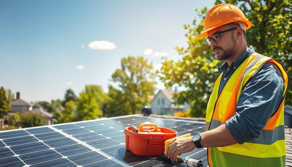 A bright, sunny day in Passaic, New Jersey. In the foreground, a professional solar panel technician in a safety vest and hard hat, carefully inspecting the solar panels on a residential rooftop. A toolbox and cleaning supplies are neatly arranged nearby. In the middle ground, the neatly installed solar array, its panels glistening in the sunlight. In the background, the suburban neighborhood, with lush green trees and well-maintained homes. The scene conveys a sense of diligence, expertise, and pride in maintaining a valuable renewable energy investment.