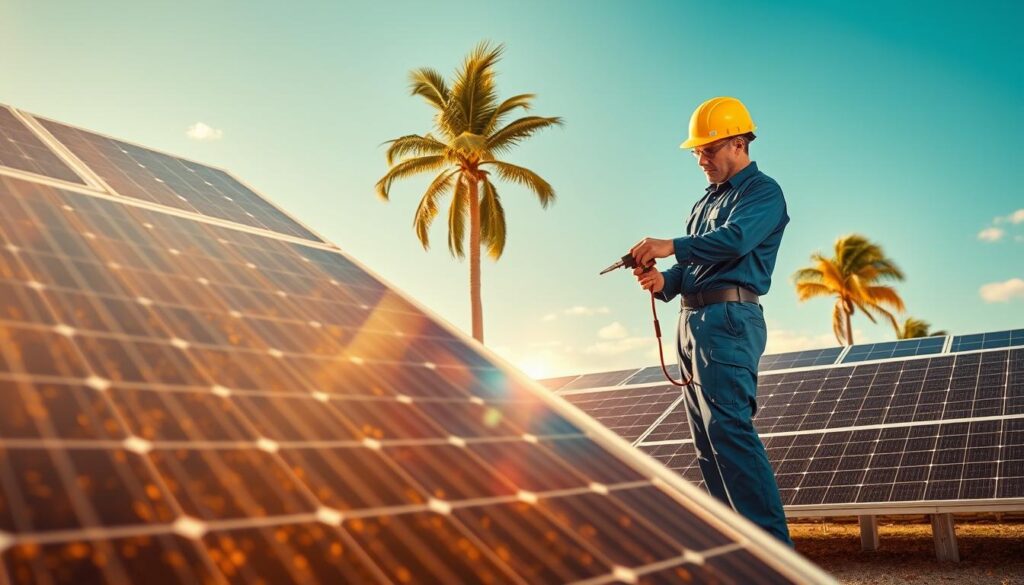 A clean, solar-powered landscape in Port St. Lucie, FL. In the foreground, a well-maintained solar panel array stands tall, its shiny surface reflecting the warm, golden sunlight. The panels are free of dirt, leaves, and debris, maximizing their energy-generating efficiency. In the middle ground, a technician in a blue uniform is carefully inspecting the panels, using a specialized tool to ensure they are operating at peak performance. The background features a cloudless, azure sky, with a few palm trees swaying gently in the breeze, creating a serene and picturesque scene. The overall mood is one of diligence, sustainability, and environmental harmony.