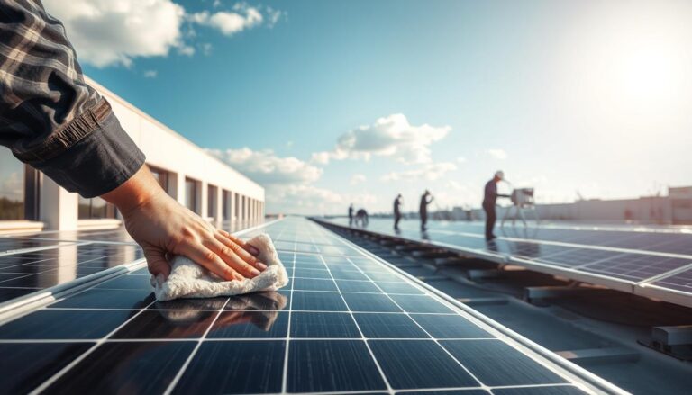 A clean, well-lit commercial building with pristine solar panels covering the rooftop. A team of professional solar panel cleaning technicians in uniform are carefully wiping down the solar panels using microfiber cloths and eco-friendly cleaning solutions. In the foreground, a close-up view of a technician's hands meticulously cleaning a section of the solar panel. The middle ground shows the full team at work, utilizing specialized equipment like extension poles and bucket trucks. The background features a bright, cloudless sky with the sun shining down, creating a warm, productive atmosphere. The overall scene conveys the expertise and diligence of a top-tier solar panel cleaning service.