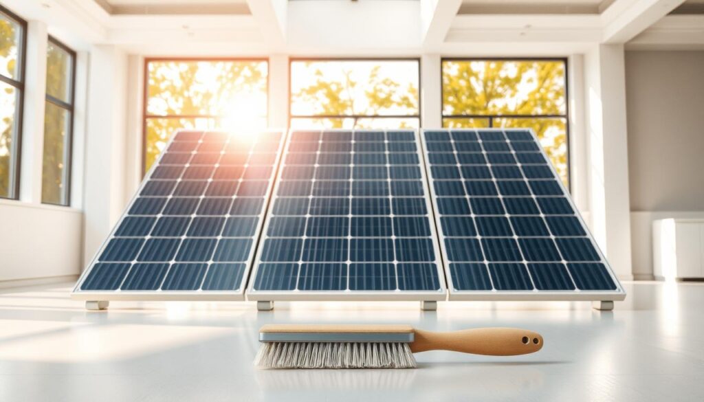 A clean, well-lit interior space with a central focus on a set of solar panels. The panels are arranged in a symmetrical grid, their smooth surfaces reflecting the warm glow of natural light streaming in through large windows. In the foreground, a cleaning tool, such as a soft brush or squeegee, is positioned near the panels, suggesting the act of maintenance. The background features a neutral, minimalist design, allowing the solar panels to take center stage. The overall mood is one of efficiency, care, and a dedication to renewable energy sources.