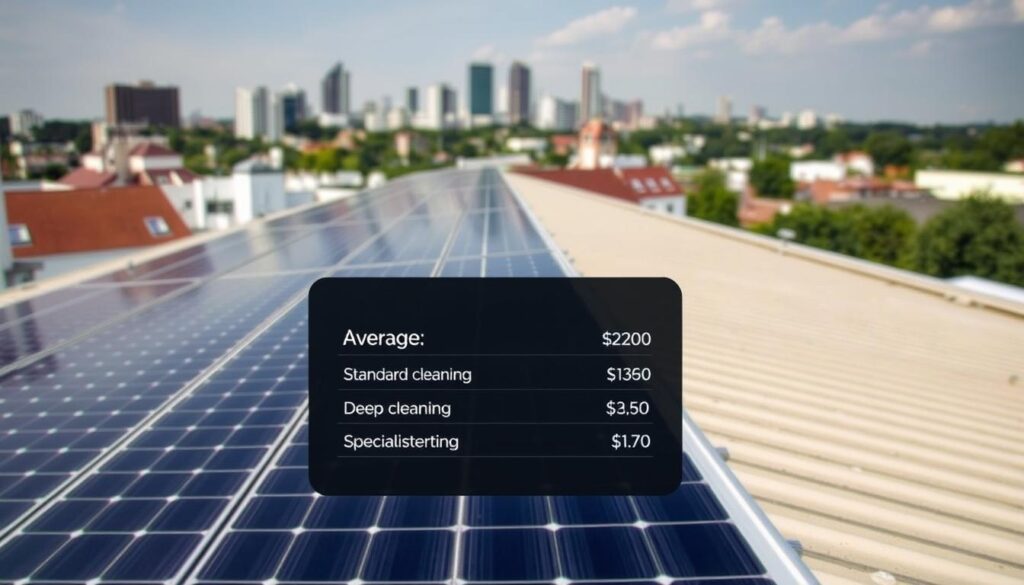 A clean, well-lit solar panel installation on a residential rooftop, with a cost breakdown displayed on a sleek, floating information panel in the foreground. The panel details the average pricing for solar panel cleaning services in Rochester, NY - including standard cleaning, deep cleaning, and specialized services. The background features a cityscape skyline, conveying the urban setting. The overall mood is informative, with a touch of modern minimalism to complement the technical subject matter.