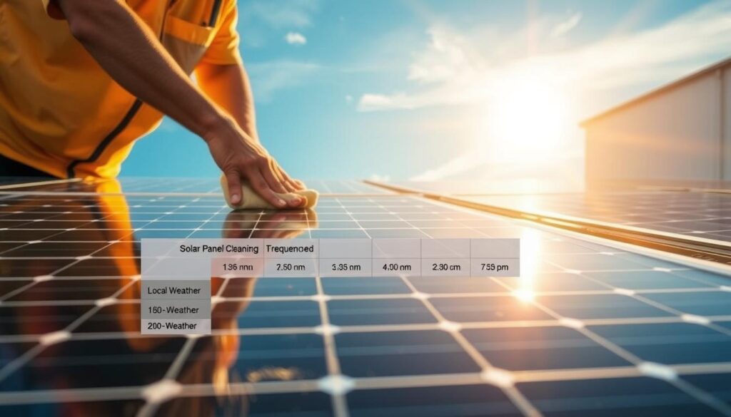A clean, well-maintained solar panel array glowing in warm, golden sunlight. In the foreground, a worker carefully wipes down the solar panels with a microfiber cloth, removing any accumulated dust or grime. In the middle ground, a schedule outlining recommended solar panel cleaning frequencies based on local weather patterns and environmental factors. The background depicts a clear, blue sky with a few wispy clouds, symbolizing the renewable, sustainable energy harnessed by the solar panels. The overall scene conveys the importance of regular solar panel maintenance for optimal energy production and efficiency.