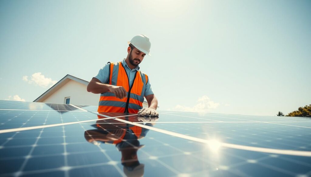 A clean, well-maintained solar panel array set against a bright, cloudless sky. In the foreground, a technician in a safety vest and hard hat inspects the panels, meticulously wiping away dust and debris with a soft cloth. The middle ground features the residential or commercial building the panels are installed on, its modern architecture and sleek design complementing the solar technology. In the background, a lush green landscape or urban cityscape provides a natural or urban backdrop. The lighting is crisp and natural, with the sun's rays glinting off the pristine, glossy panels. The overall mood is one of efficiency, professionalism, and environmental consciousness.