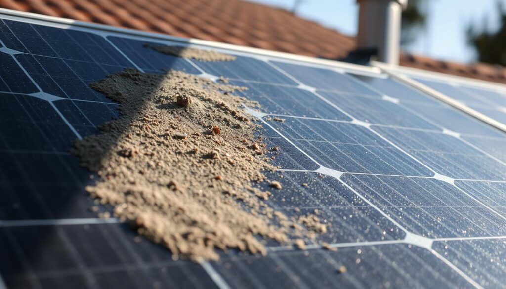 A close-up of a partially obscured solar panel, with dirt, dust, and debris accumulating on its surface. The panel is illuminated by harsh, directional sunlight, casting distinct shadows that highlight the uneven grime coverage. The background is blurred, but suggests a residential or commercial setting, emphasizing the practical, real-world context of solar panel maintenance. The composition and lighting evoke a sense of neglect and the negative impact that dirty panels can have on the overall efficiency and performance of a solar energy system.