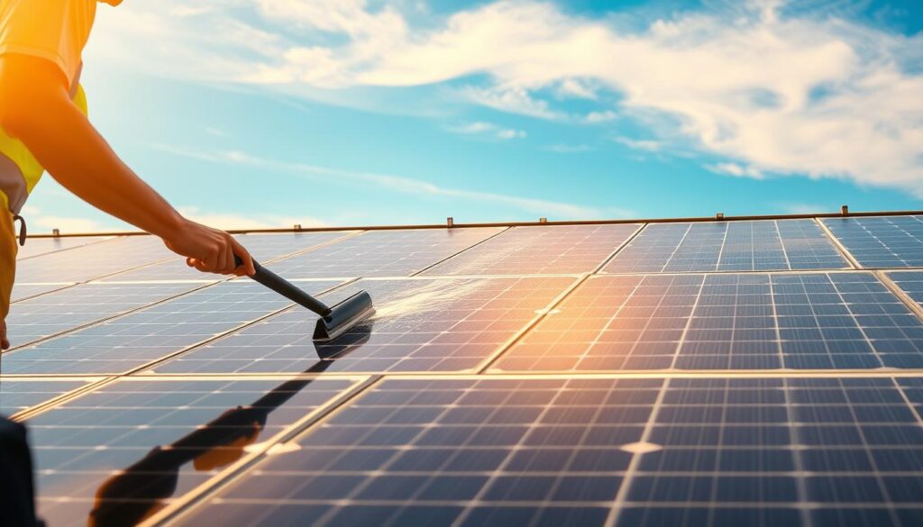 A close-up of solar panels on a residential rooftop, with a worker in the foreground carefully cleaning the panels using a squeegee and cleaning solution. The panels are arranged in a neat, symmetrical grid, bathed in warm, golden sunlight. The background shows a clear blue sky with a few wispy clouds, suggesting a pleasant, sunny day. The scene conveys a sense of efficiency and care in maintaining the solar panels, reflecting the importance of regular cleaning to optimize energy production.