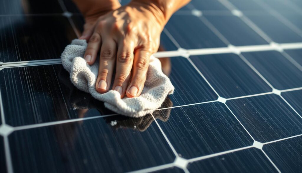 A close-up view of a pair of hands meticulously cleaning the surface of a solar panel using a soft microfiber cloth, capturing the intricate details of the panel's surface and the careful attention being paid to removing any accumulated dirt or debris. The lighting is natural and diffused, creating a soft, even illumination that highlights the textures and tones of the panel. The background is slightly blurred, placing the focus entirely on the cleaning process and the importance of maintaining the panel's optimal performance.