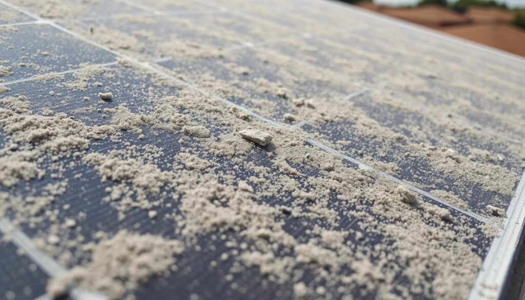A close-up view of a solar panel's surface, heavily coated in a thick layer of dust, grime, and debris. The panel appears dull and discolored, with a hazy, obstructed appearance, highlighting the negative impact of poor maintenance on energy efficiency. Sunlight filters through the accumulated particles, casting faint shadows and highlights across the uneven surface. The foreground is sharply focused, while the background recedes into a softly blurred, generic outdoor setting, emphasizing the panel as the central subject. The overall mood is one of neglect and the need for diligent cleaning to restore the panel's optimal performance.