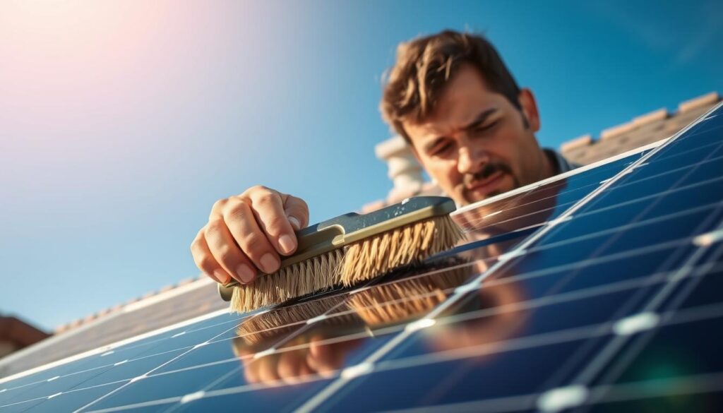 A close-up view of a technician carefully cleaning the surface of a solar panel with a specialized soft-bristle brush, ensuring maximum energy efficiency. The panel is installed on a residential rooftop, with a clear blue sky and sunlight streaming in the background, casting warm, natural lighting. The technician's focused expression and deliberate movements convey the importance of proper maintenance for optimal solar power generation. The scene evokes a sense of sustainability and environmental responsibility.