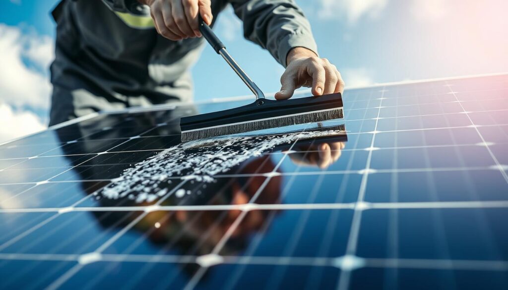 A close-up view of a technician in uniform carefully cleaning the surface of a solar panel with a specialized squeegee and cleaning solution, creating a streak-free, sparkling finish. The panel is set against a backdrop of a sunny, cloudless sky, highlighting the efficient energy-generating capabilities of the solar technology. Soft, diffused natural lighting illuminates the scene, casting gentle shadows that accentuate the panel's sleek, modern design. The overall mood is one of professionalism, attention to detail, and the importance of maintaining optimal solar panel performance for maximum energy output.