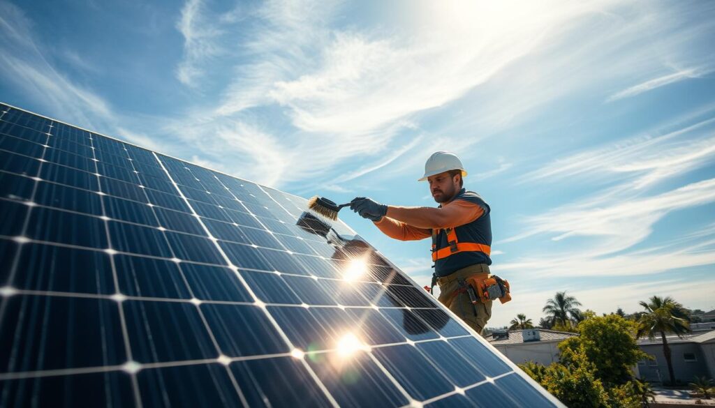 A close-up view of a technician performing routine maintenance on a solar panel mounted on a rooftop in Sacramento, CA. The panel is situated against a clear blue sky with wispy clouds. The technician, wearing safety gear, is carefully cleaning the panel's surface with a specialized brush, ensuring optimal energy production. Sunlight glints off the panel's glass surface, creating a bright, warm atmosphere. The technician's movements are precise and deliberate, reflecting their expertise in maintaining high-efficiency solar installations. The background features surrounding buildings and lush vegetation, conveying the urban setting.