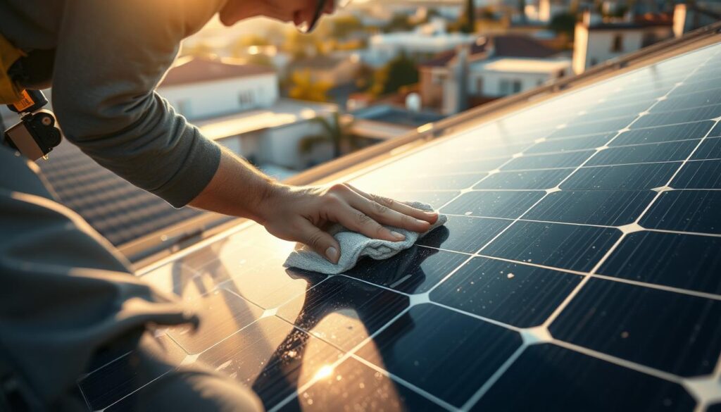 A close-up view of a technician performing solar panel maintenance on a rooftop installation. The technician is carefully wiping the solar panels with a microfiber cloth, removing dust and debris to optimize energy production. Warm sunlight bathes the scene, casting soft shadows on the panels. The technician's focused expression conveys the importance of this routine upkeep to maintain the system's long-term performance and reliability. The surrounding rooftop architecture and cityscape in the distance suggest an urban, residential setting. The image evokes a sense of diligence and environmental responsibility in preserving the efficient operation of a solar power system.