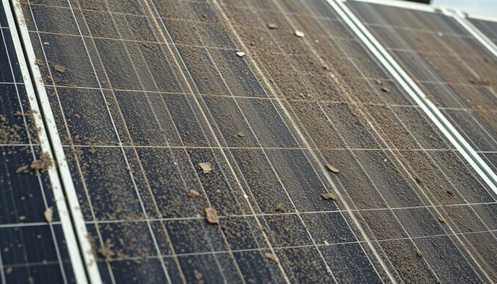 A close-up view of solar panels with a thick layer of grime, dust, and debris covering their surfaces, creating an uneven, mottled appearance. The panels are mounted at a slight angle, casting soft shadows across their faces. The lighting is hazy and diffused, suggesting an overcast day. The overall mood is one of neglect and diminished efficiency, highlighting the importance of regular solar panel cleaning.