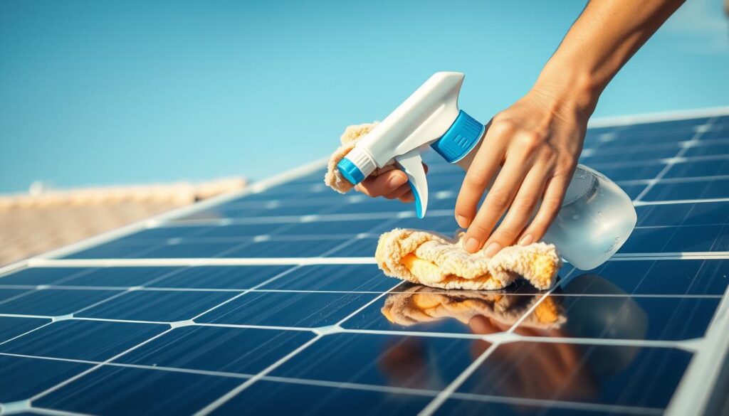 A close-up view of two hands cleaning a solar panel, using a microfiber cloth and water spray bottle. The panel is situated on a rooftop, with a clear blue sky visible in the background. The lighting is soft and natural, highlighting the textured surface of the solar cells. The scene conveys a sense of diligence and care required for effective DIY solar panel maintenance, in contrast to the convenience and efficiency of professional cleaning services.