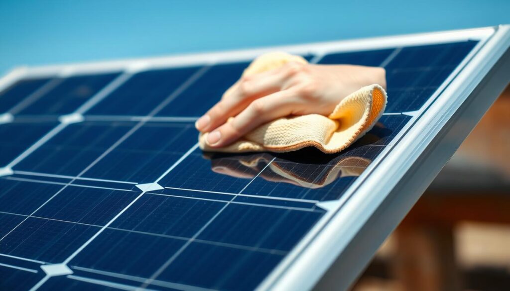 A close-up, well-lit photograph of a hand using a soft microfiber cloth to gently wipe the surface of a solar panel. The solar panel is positioned at a slight angle, allowing the viewer to see the panel's frame and edge details. The background is blurred, but suggests an outdoor setting with a clear blue sky. The image conveys a sense of precision, care, and attention to detail in the solar panel cleaning process, with the goal of maximizing the panel's efficiency and performance.