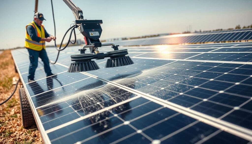 A commercial-grade solar panel cleaning service in action. In the foreground, a specialized cleaning rig with adjustable brushes and water jets meticulously scrubbing a row of solar panels. The middle ground shows a technician in a high-visibility vest operating the rig with precision. In the background, a sprawling array of solar panels glistens under the bright, warm sunlight of a clear day. The scene conveys a sense of efficiency, environmental stewardship, and a commitment to maximizing the performance of renewable energy systems.