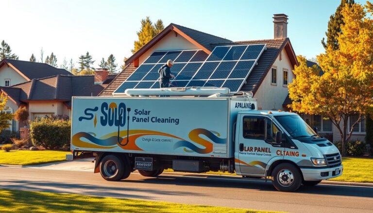 A commercial solar panel cleaning service truck parked in front of a large residential property, with a team of technicians carefully cleaning the solar panels on the rooftop using specialized equipment. The scene is bathed in warm, natural lighting, capturing the efficient and professional nature of the service. The background features a picturesque suburban neighborhood with well-maintained homes and lush greenery, creating a serene and inviting atmosphere. The overall composition conveys the importance of proper solar panel maintenance for optimal energy production and the reliable service offered by the local providers.