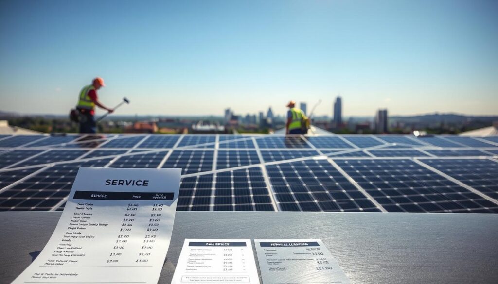 A crisp, well-lit photograph showcasing the pricing and service options for solar panel cleaning in Knoxville, TN. In the foreground, a neatly arranged table displays a clear price list, with various service tiers and add-ons. The middle ground features a team of professional cleaners meticulously wiping down solar panels, their equipment and tools visible. In the background, a panoramic view of the Knoxville skyline provides context, highlighting the importance of maintaining solar infrastructure in the city. The image conveys a sense of efficiency, professionalism, and transparency, aligning with the section title "What to Expect: Pricing and Service Options".