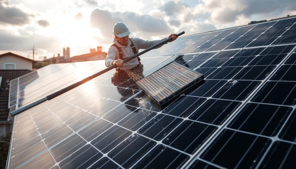 A detailed view of solar panels being cleaned by a professional worker, set against a backdrop of a residential neighborhood. The worker is using a long-handled squeegee to wipe the panels, with water spraying gently to remove dirt and debris. The panels are angled to catch the sun's rays, with a subtle haze of light filtering through the clouds. The overall mood is one of efficiency and attention to detail, conveying the importance of proper solar panel maintenance and its associated costs.