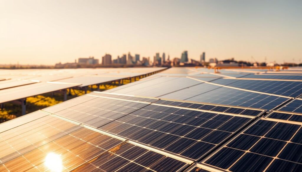 A field of solar panels on a sunny day in Kansas City, Missouri. The panels are arranged in neat rows, their sleek black frames catching the warm light. In the foreground, a few panels are partially obscured by dust and debris, while the middle ground shows panels that have been recently cleaned, their surfaces gleaming. In the background, the Kansas City skyline rises up, a testament to the city's embrace of renewable energy. The scene is bathed in a soft, golden glow, conveying a sense of tranquility and efficiency.