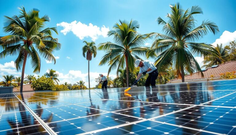 A gleaming solar panel installation in a sun-drenched Jacksonville, FL backyard. In the foreground, a team of professional solar panel cleaners in crisp uniforms carefully wiping down the panels with microfiber cloths, ensuring optimal efficiency. The middle ground shows the cleaning equipment - ladders, brushes, and specialized cleaning solutions. The background features lush palm trees and a cloudless azure sky, complementing the modern, eco-friendly design of the solar setup. Warm, diffused sunlight bathes the scene, lending an atmosphere of diligence and environmental stewardship.