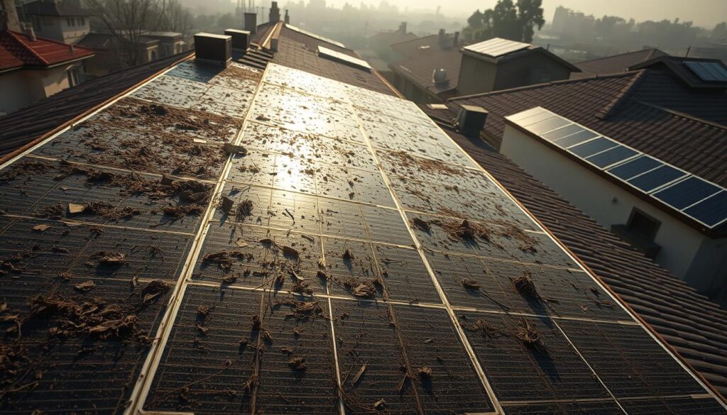 A ground-level view of a residential rooftop with several dirty, discolored solar panels. The panels are coated in a thick layer of grime, dust, and debris, casting shadows and obstructing the sun's rays. Sunlight filters through the hazy atmosphere, casting a dull, muted glow across the scene. The panel surfaces appear dull and faded, in stark contrast to the crisp, clean panels on adjacent rooftops. The overall composition emphasizes the stark visual difference between fully functional and underperforming solar panels, conveying the significant impact that neglected maintenance can have on energy production.