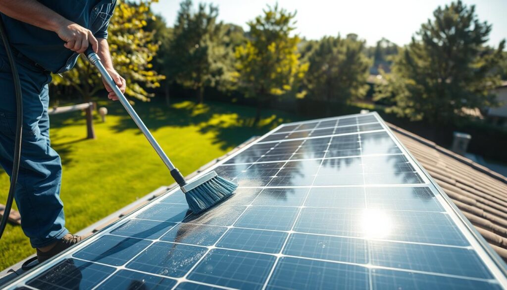 A high-angle view of a professional solar panel cleaning service at work on a residential rooftop. In the foreground, a worker in a blue uniform carefully scrubs the solar panels with a long-handled brush, removing dust and debris. In the middle ground, sunlight reflects off the clean panels, their surfaces gleaming. In the background, a lush green lawn and trees sway gently in the breeze, creating a peaceful, suburban setting. The lighting is bright and natural, casting long shadows and highlighting the intricate texture of the panels. The overall mood is one of efficient, eco-friendly home maintenance.
