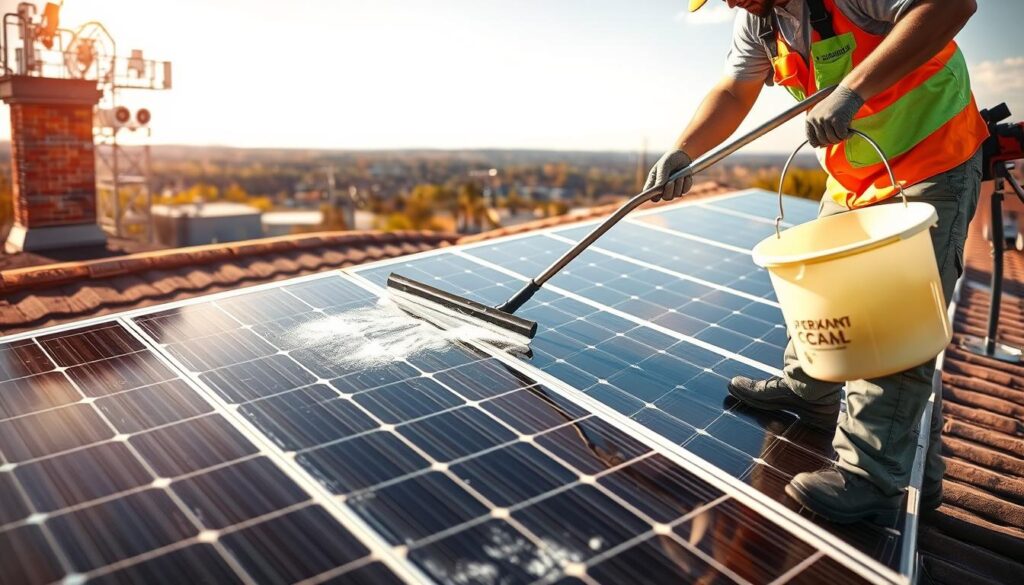 A high-resolution, photorealistic image of solar panels being cleaned by a professional service technician using specialized equipment in a sunny outdoor setting in Jonesboro, Arkansas. The technician is using a long-handled squeegee and a bucket of cleaning solution to thoroughly scrub the solar panels, ensuring they are spotless and free of any debris or buildup. The panels are situated on a residential rooftop, with the city of Jonesboro visible in the distant background. Warm, natural lighting bathes the scene, creating a sense of ambiance and showcasing the vibrant colors of the panels and the surrounding environment. The overall impression is one of efficiency, precision, and care, highlighting the importance of regular solar panel maintenance for optimal energy generation.