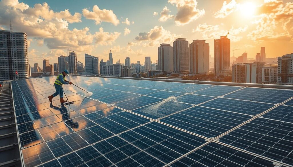A large commercial building with solar panels on the rooftop. In the foreground, a team of specialized workers in protective gear carefully cleaning the panels using industrial-grade squeegees and purified water. The scene is bathed in warm, golden sunlight filtering through scattered clouds, creating dynamic shadows and highlights across the solar array. The workers' movements are fluid and precise, showcasing their expertise in maximizing the efficiency of the commercial solar installation. The background features a cityscape of modern high-rise buildings, underscoring the urban setting and the importance of renewable energy in a thriving metropolitan area.