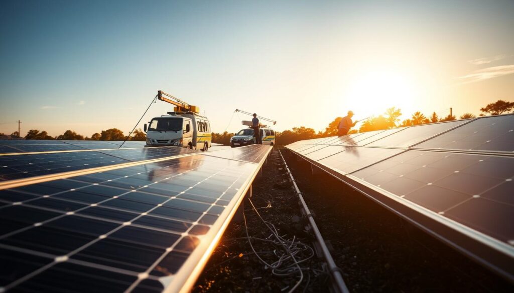 A meticulously detailed comparison of solar panel cleaning services, captured under warm, golden-hour lighting. In the foreground, an array of solar panels glistens, their surfaces free of any debris or obstruction. In the middle ground, three distinct cleaning vehicles are positioned, each with their specialized equipment and uniformed technicians at work. The background subtly fades into a serene, sun-dappled landscape, emphasizing the peaceful, efficient nature of this crucial service. Careful angles and a slightly elevated perspective offer a comprehensive, visually striking overview of the leading solar panel cleaning options.
