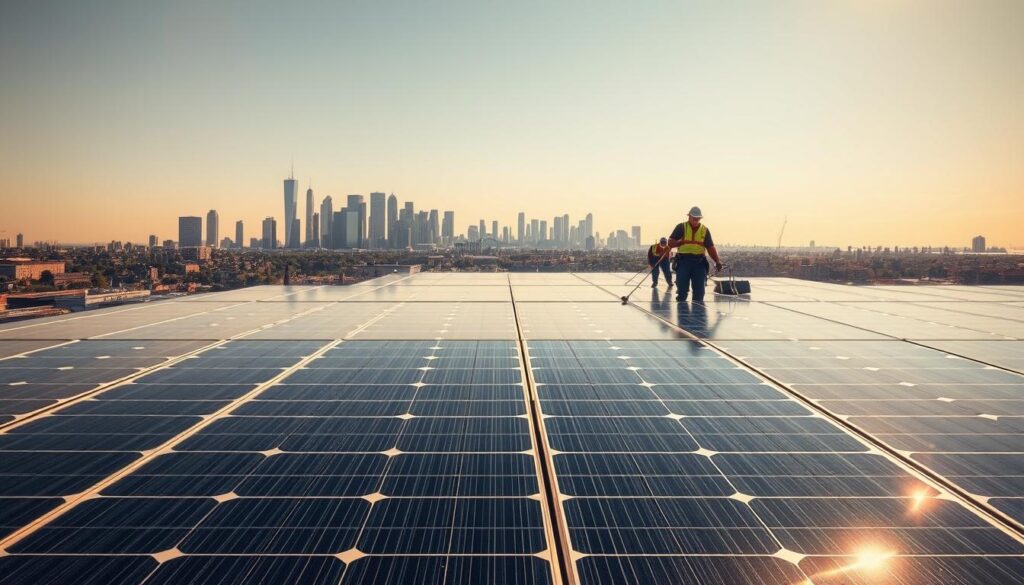 A neatly organized tableau depicting the cost of solar panel cleaning in Union City, NJ. In the foreground, a cluster of modern solar panels glistening in warm sunlight, their surfaces spotless. In the middle ground, a professional cleaning crew meticulously scrubbing the panels, their tools and equipment prominently featured. The background features a cityscape of Union City, with skyscrapers and residential buildings, conveying the local context. The lighting is natural and balanced, with long shadows casting a sense of depth. The overall mood is one of efficiency, attention to detail, and the value proposition of professional solar panel maintenance.