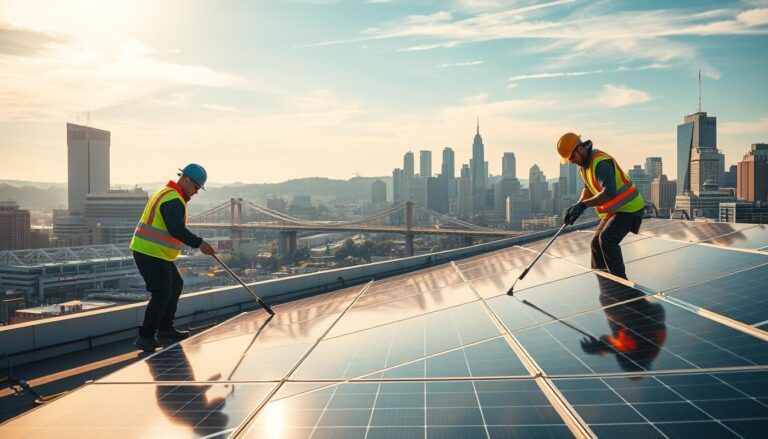 A panoramic view of a rooftop solar panel installation nestled in the heart of Pittsburgh's skyline. In the foreground, two technicians in reflective safety gear meticulously clean the solar panels using specialized squeegees and microfiber cloths. The middle ground showcases the sleek, modern design of the solar panels, their surfaces gleaming under the warm, golden light of the afternoon sun. In the background, the iconic bridges and skyscrapers of the city provide a striking urban backdrop, highlighting the integration of renewable energy into the urban landscape. The scene conveys a sense of professionalism, sustainability, and technological innovation.