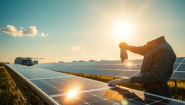 A pristine solar array nestled in a sun-dappled field, with a technician in a crisp navy uniform carefully wiping down the gleaming panels with a microfiber cloth. Warm rays cast a golden glow, illuminating the hushed serenity of the scene. The panels reflect the cloudless azure sky, their surfaces meticulously maintained to maximize efficient energy production. In the background, a fleet of specialized cleaning vehicles stands at the ready, their streamlined designs hinting at the advanced techniques employed by this elite solar panel maintenance service. An atmosphere of precision and dedication permeates the image, capturing the essence of the top-tier solar cleaning professionals featured in the article.